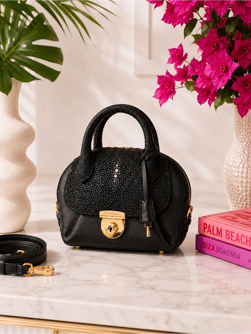 Ferragamo Fiamma Mini Stingray Satchel | Black Galuchat Leather | Top Handle Bag
